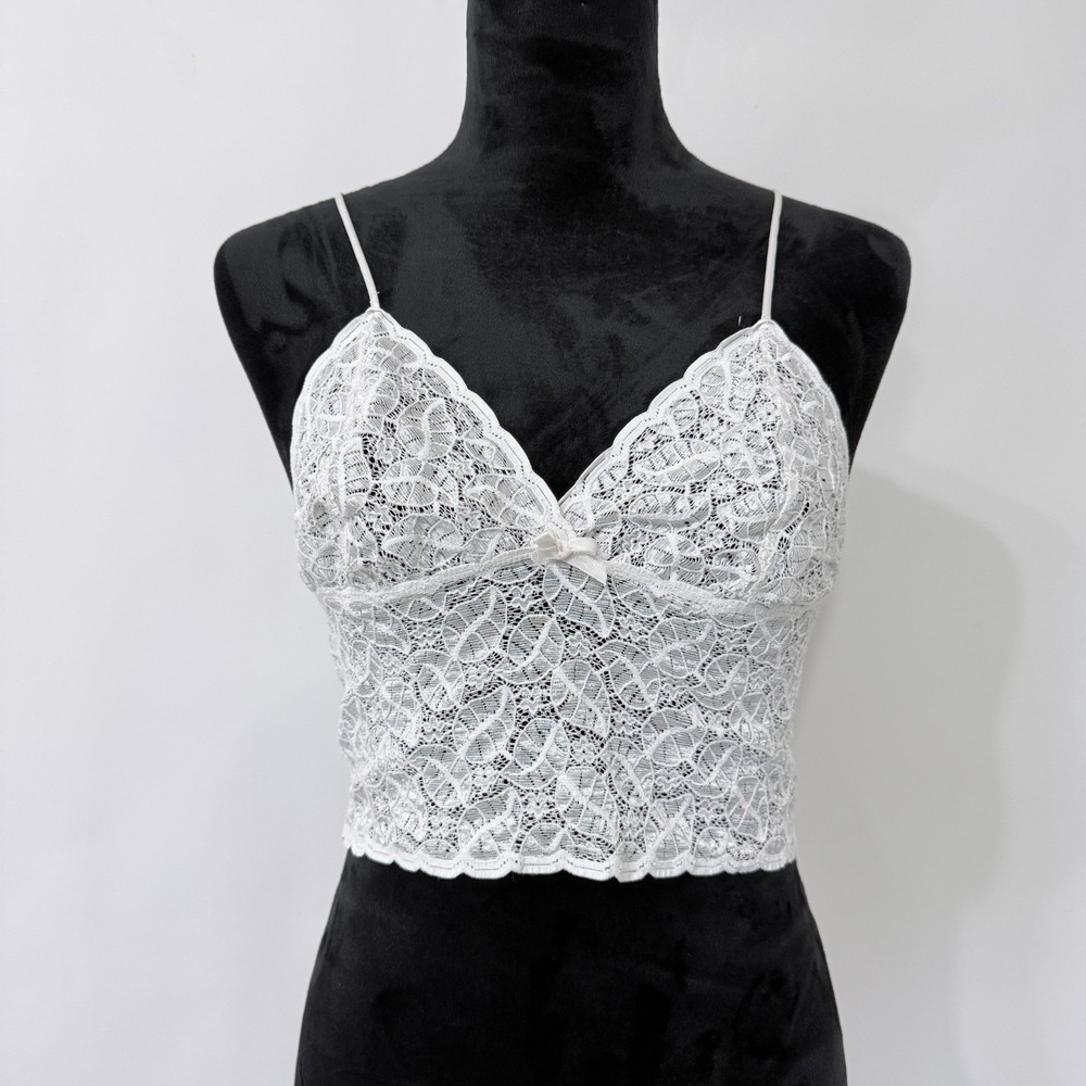 Vtg Y2K Alana‎ Gale Coquette Cropped Sheer Lace Camisole Bralette Medium Ivory